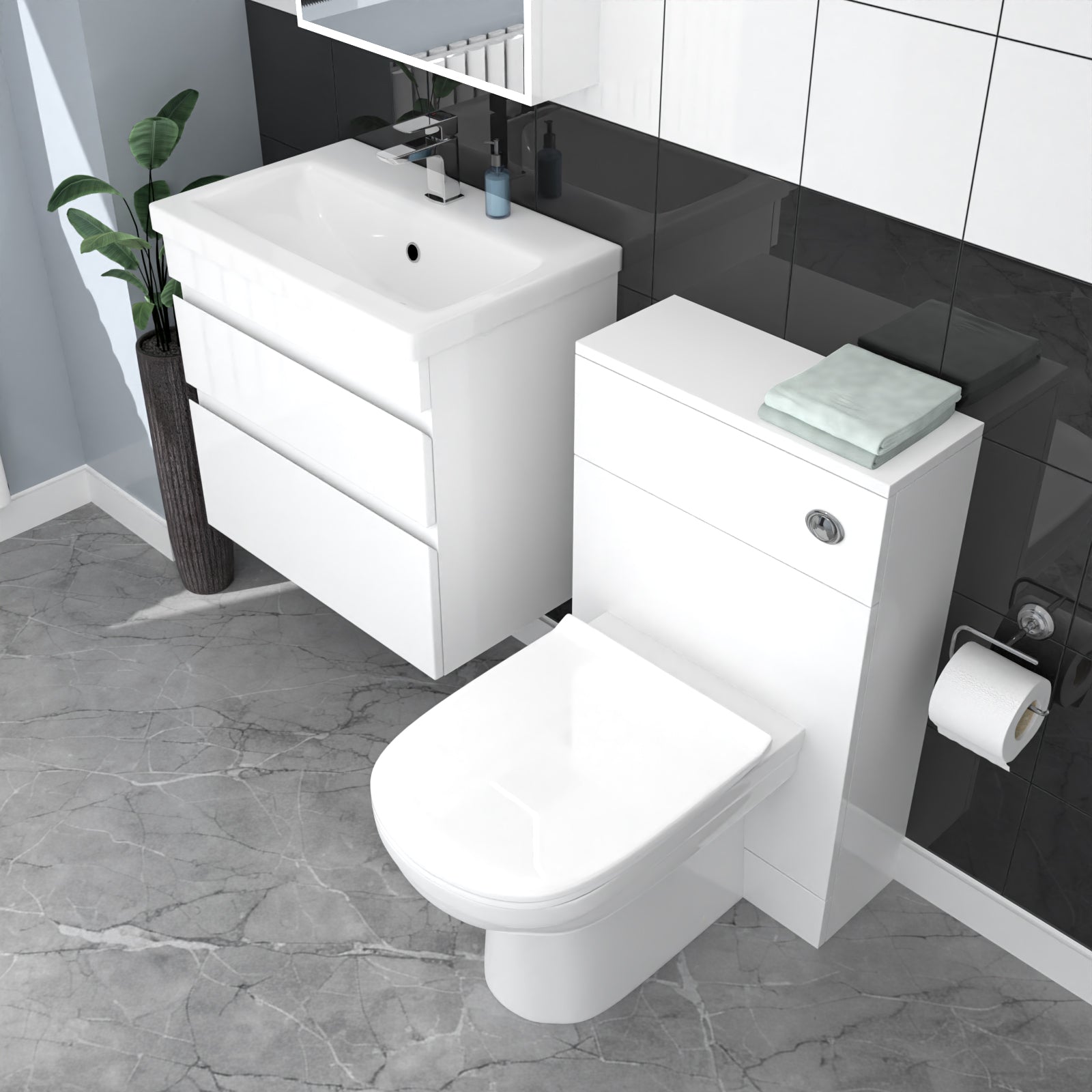 Alaska White Wall Hung 600mm Vanity Unit 2 Drawer with WC Unit & BTW Toilet