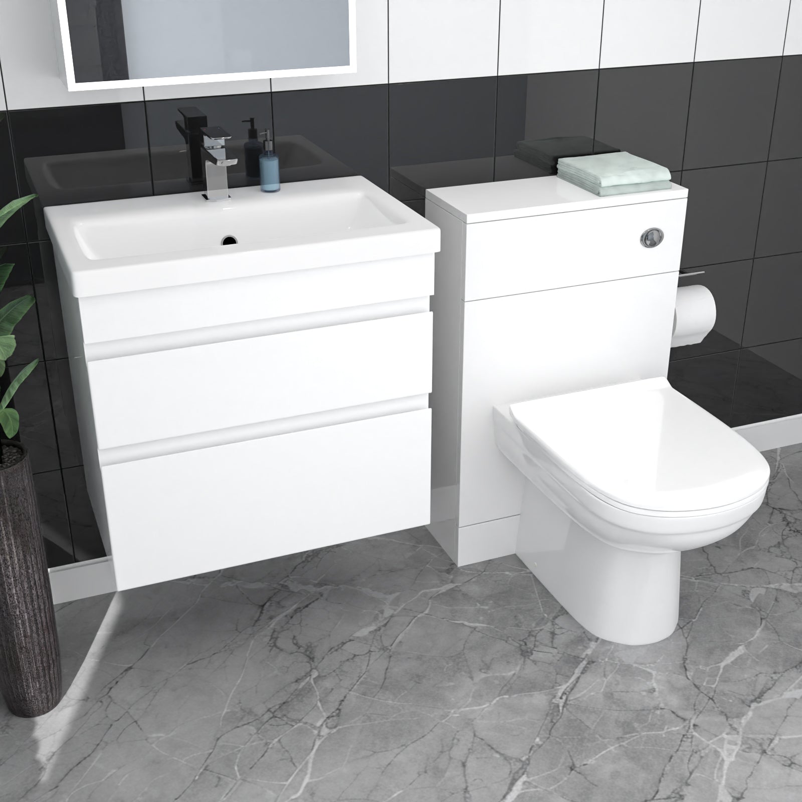 Alaska White Wall Hung 600mm Vanity Unit 2 Drawer with WC Unit & BTW Toilet