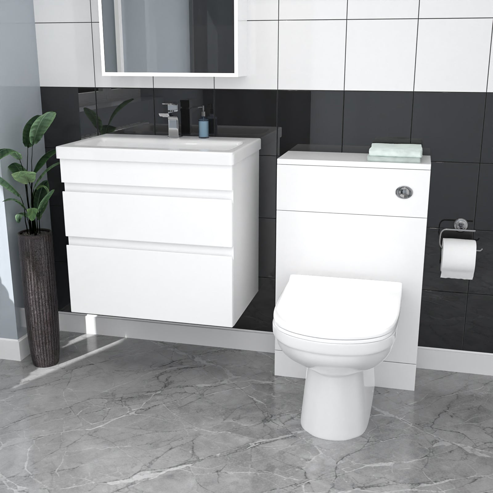 Alaska White Wall Hung 600mm Vanity Unit 2 Drawer with WC Unit & BTW Toilet