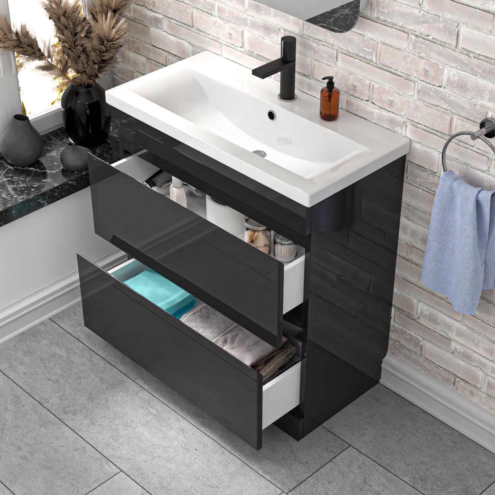 Alaska Dark Grey 800mm 2 Drawer Vanity Cabinet & Basin Sink Floorstanding