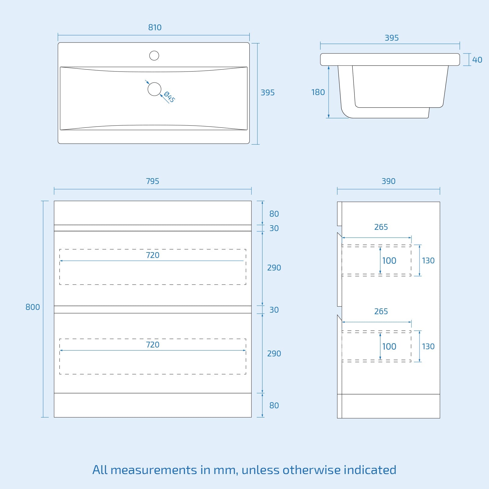 Technical drawing with dimensions of various shapes and components on a light blue background.