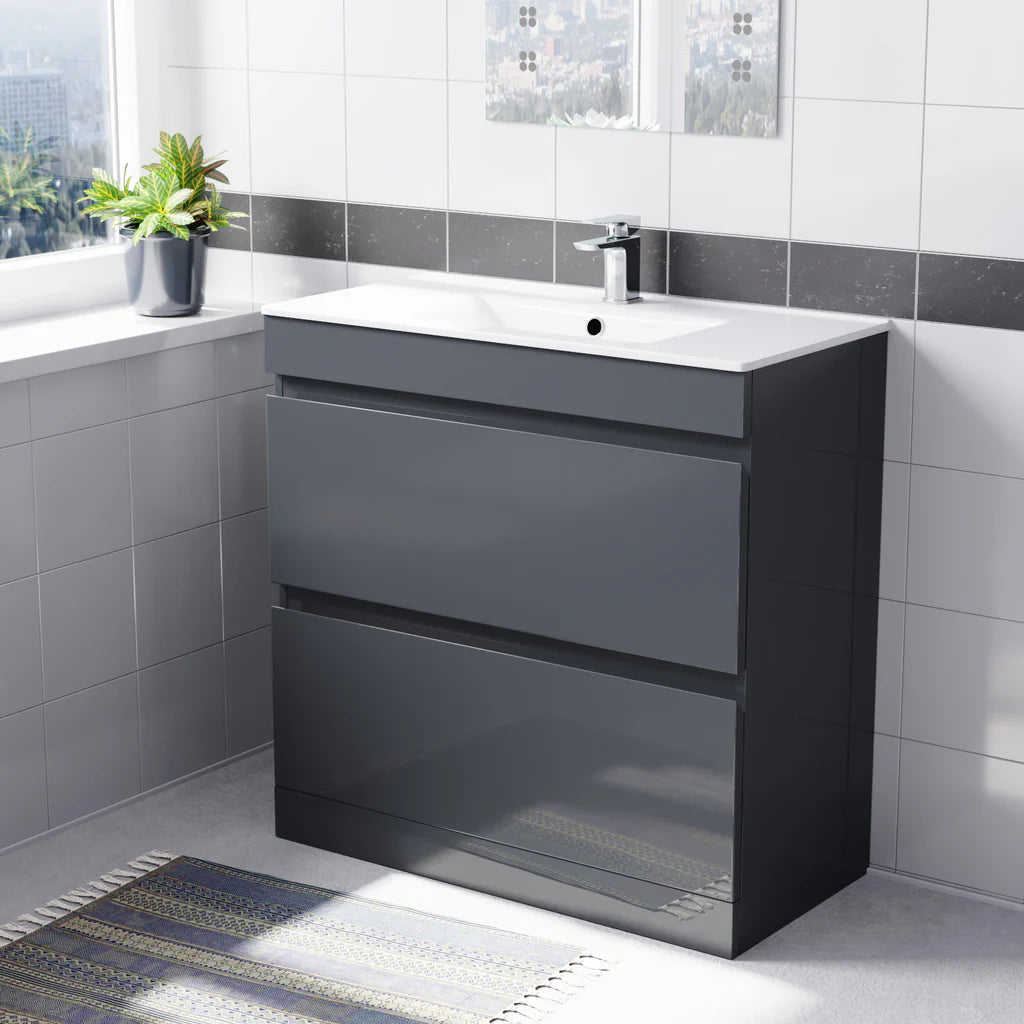 Alaska Dark Grey 800mm 2 Drawers Vanity Cabinet & Slim Basin Sink Freestanding