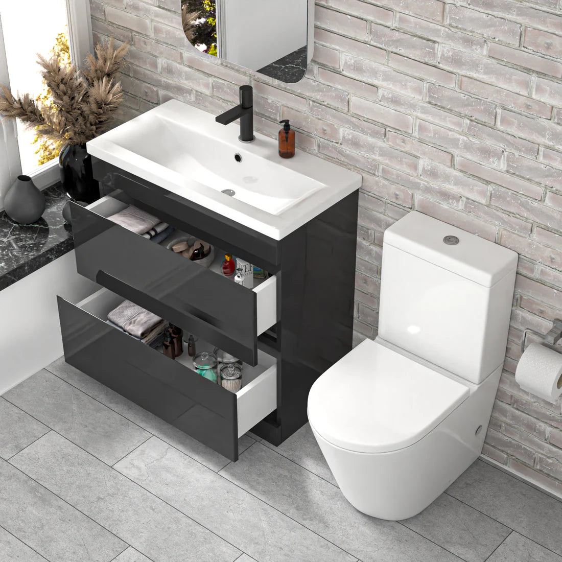 Alaska 800mm Dark Grey Handleless Drawers Basin Vanity Close Coupled Toilet