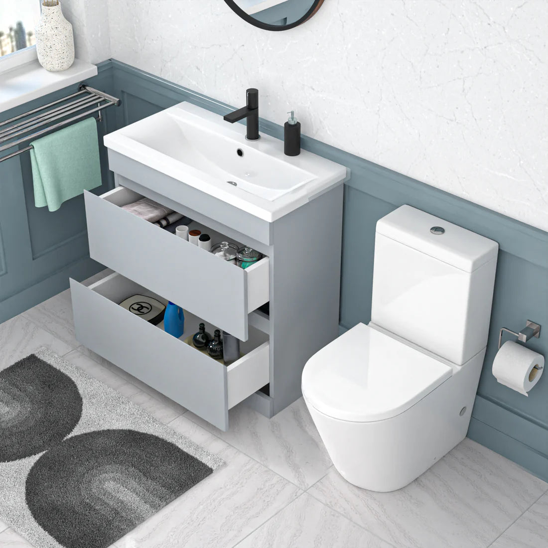 Alaska 800mm Matte Grey Handleless Drawers Basin Vanity Close Coupled Toilet