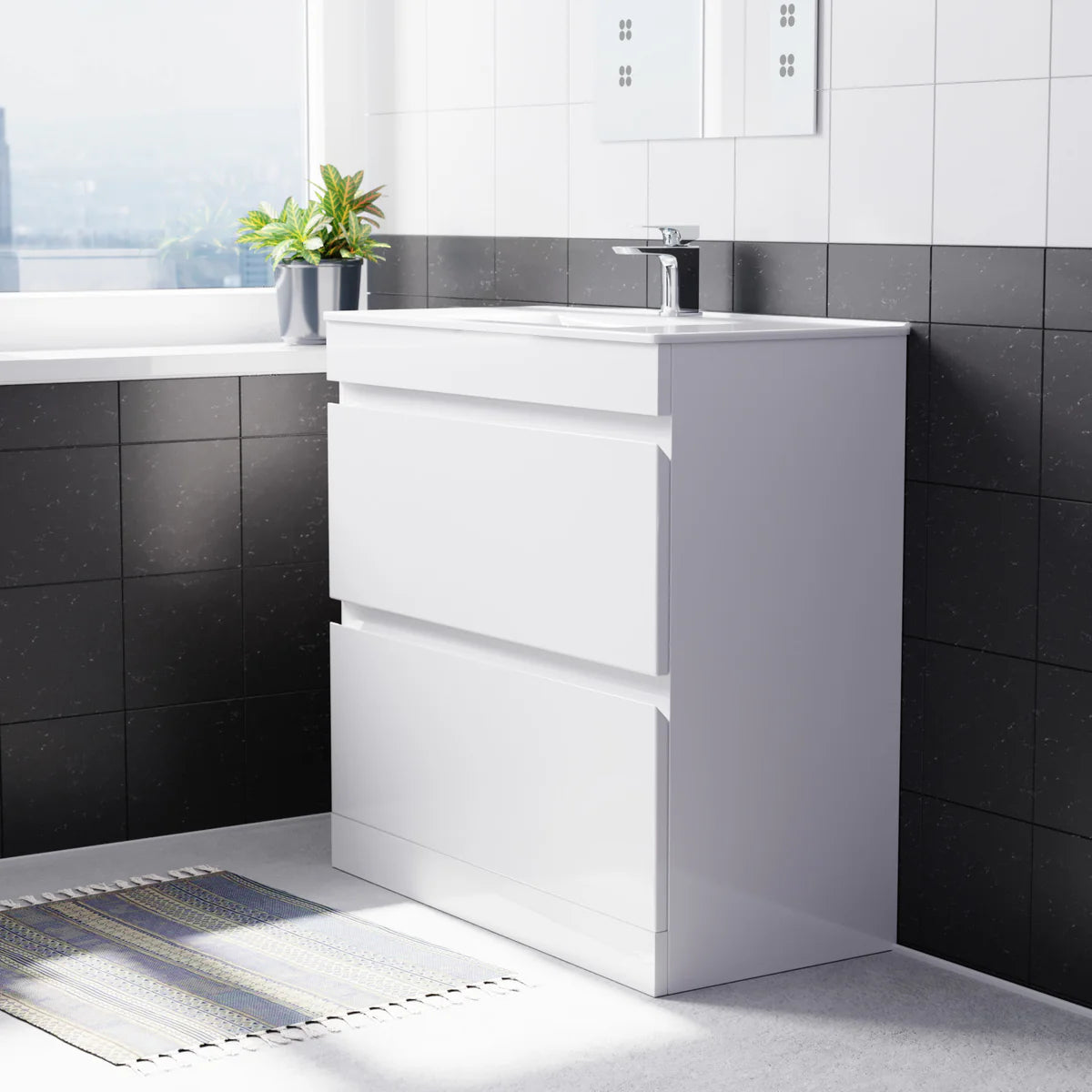 Alaska White 800mm 2 Drawer Vanity Cabinet & Slim Basin Sink Freestanding