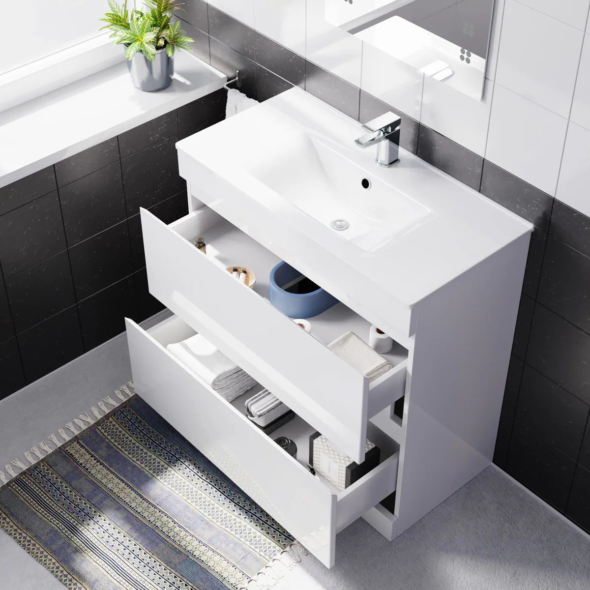 Alaska White 800mm 2 Drawer Vanity Cabinet & Slim Basin Sink Freestanding