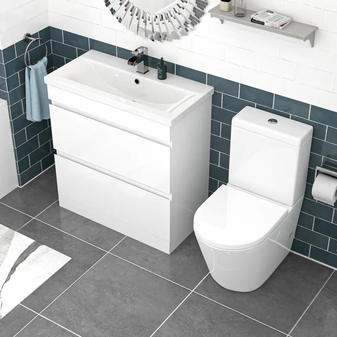 Alaska 800mm White Drawers Handleless Basin Vanity Round Close Coupled Toilet