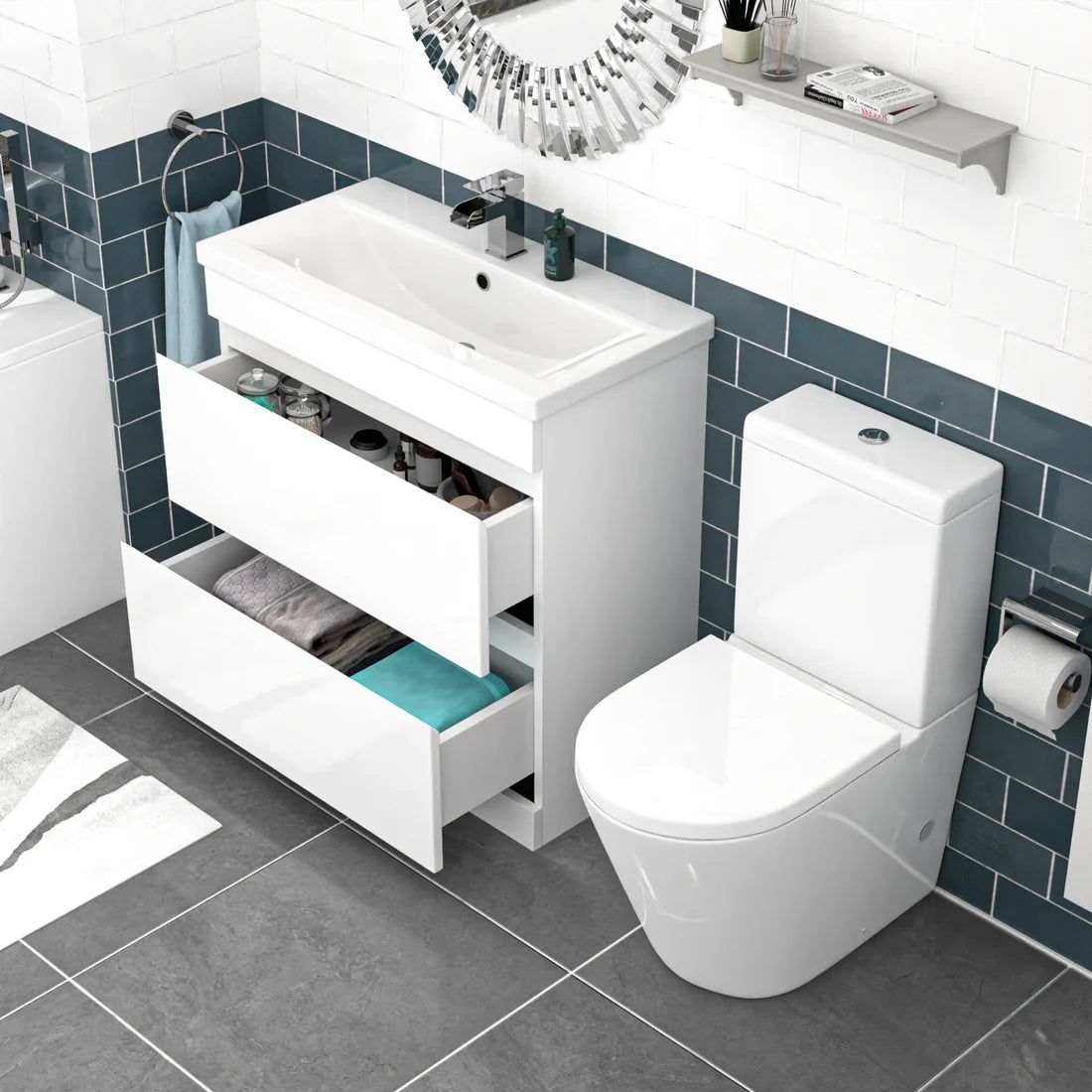 Alaska 800mm White Drawers Handleless Basin Vanity Round Close Coupled Toilet