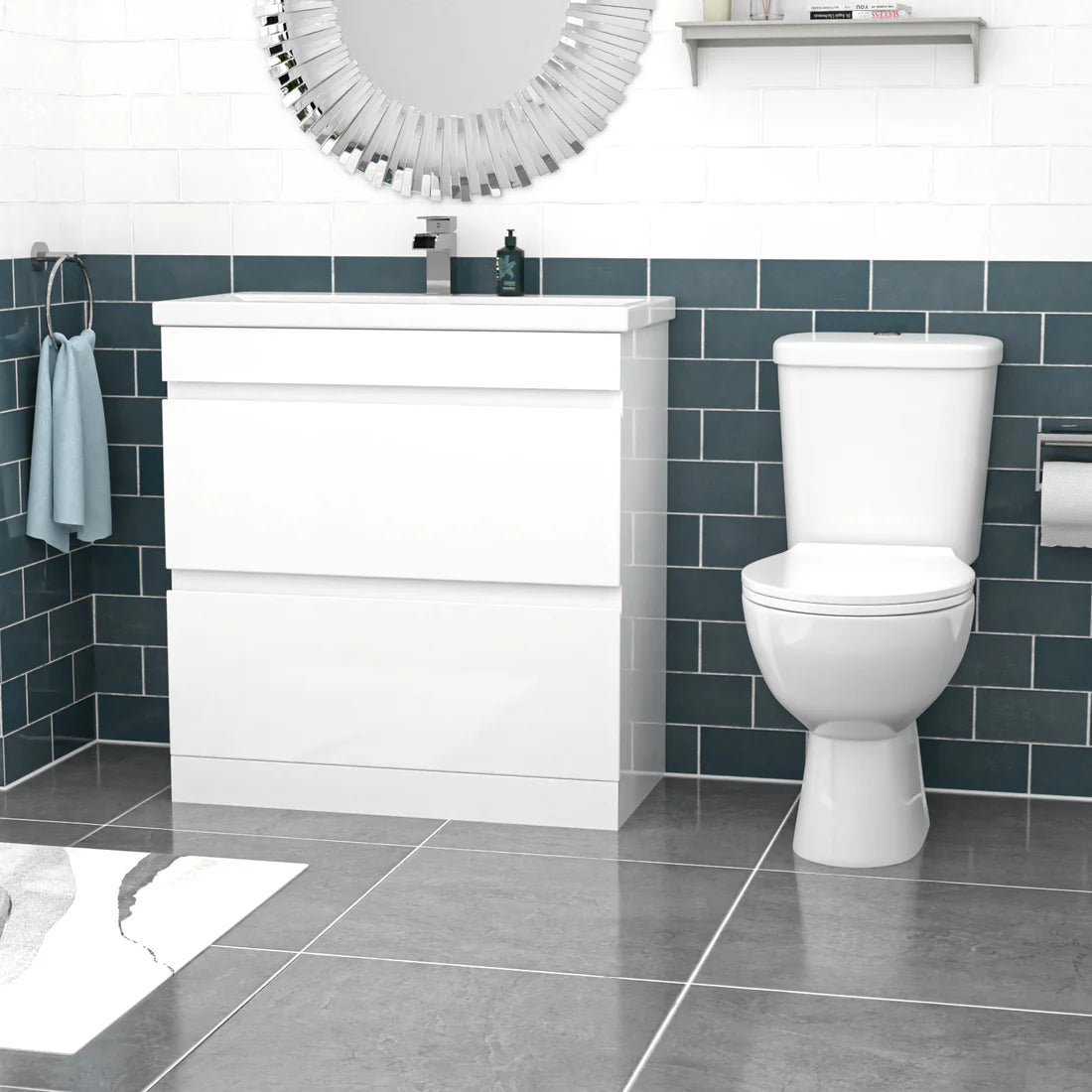 Alaska 800mm White 2 Drawers Handleless Basin Vanity Close Coupled Toilet