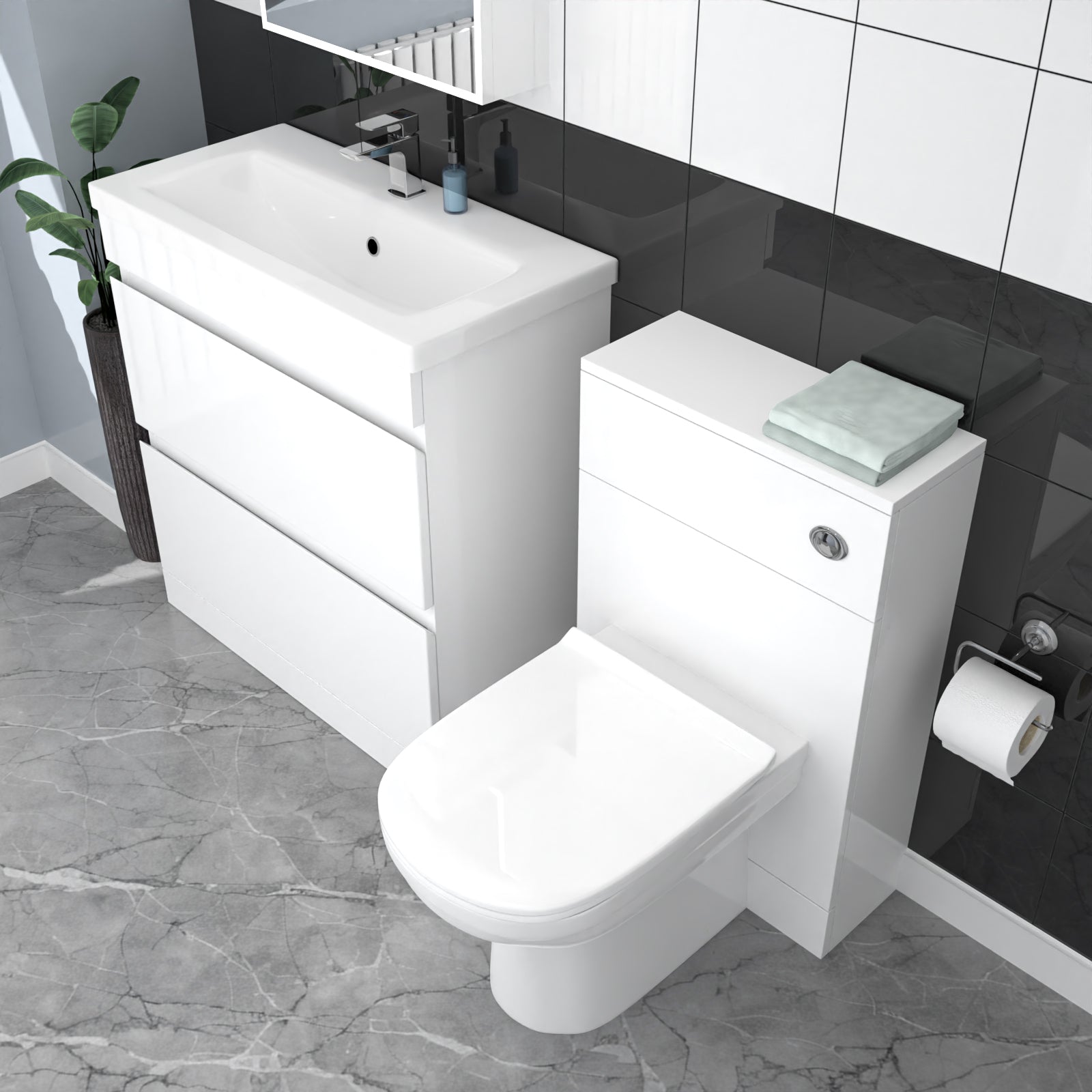 Alaska White Freestanding PVC 800mm 2 Drawers Vanity & WC Unit & BTW Toilet