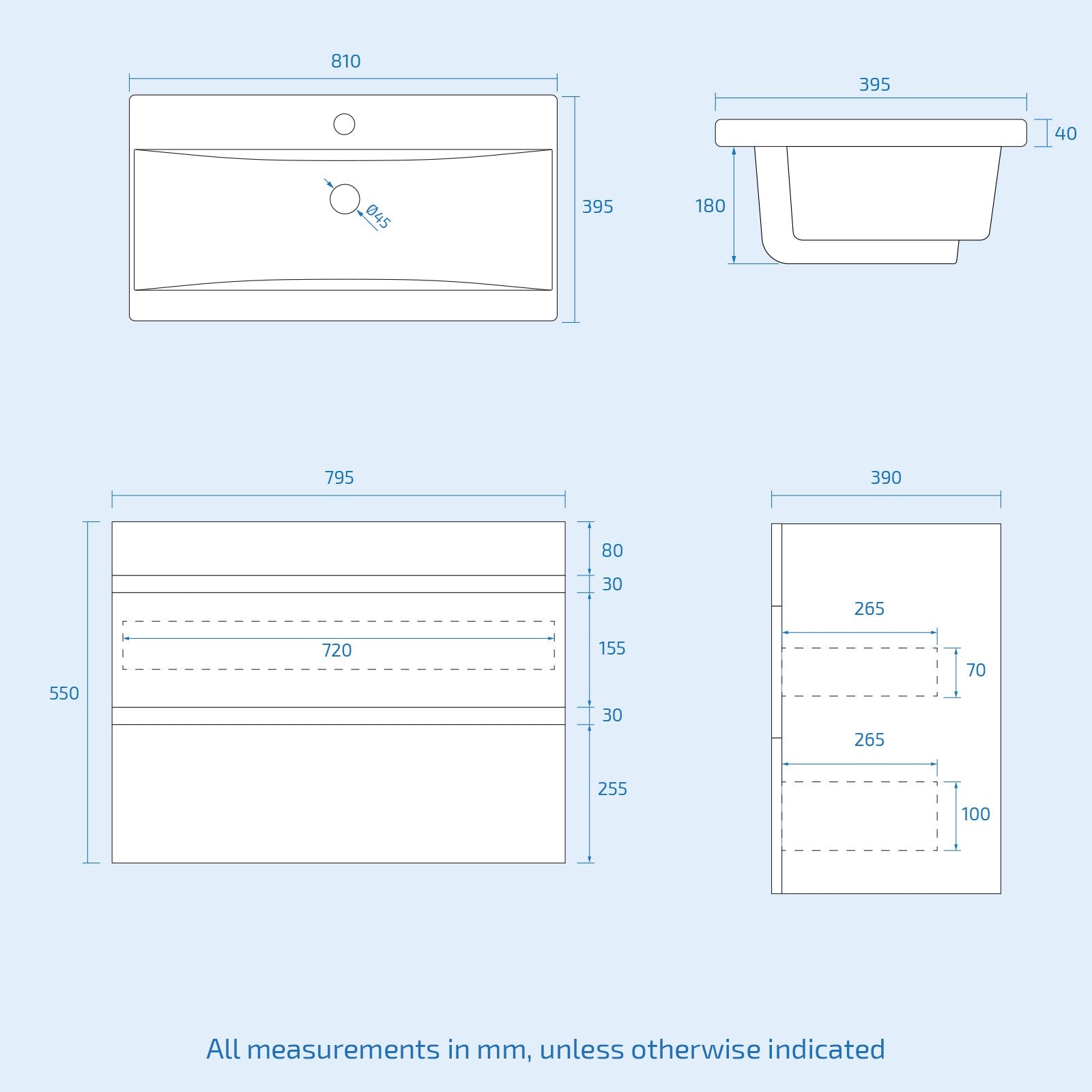Technical drawing of a bathroom vanity setup with dimensions on a light blue background