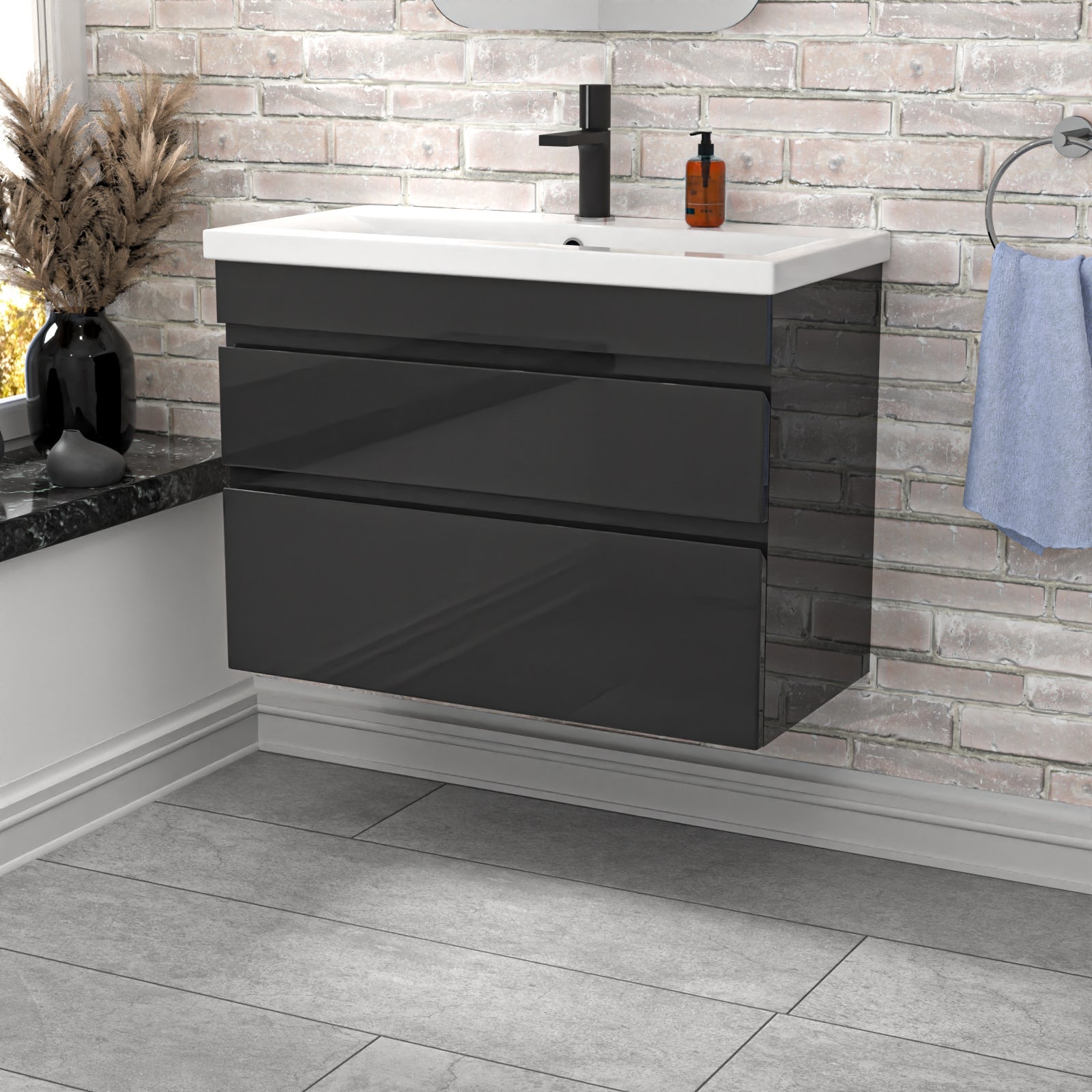 Alaska Wall Hung Dark Grey 800mm 2 Drawers Vanity Unit & Basin Sink
