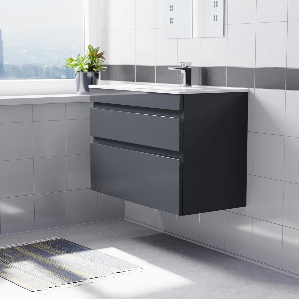 Alaska 800mm Dark Grey Wall Hung 2 Drawers Handleless Slim Basin Vanity Unit