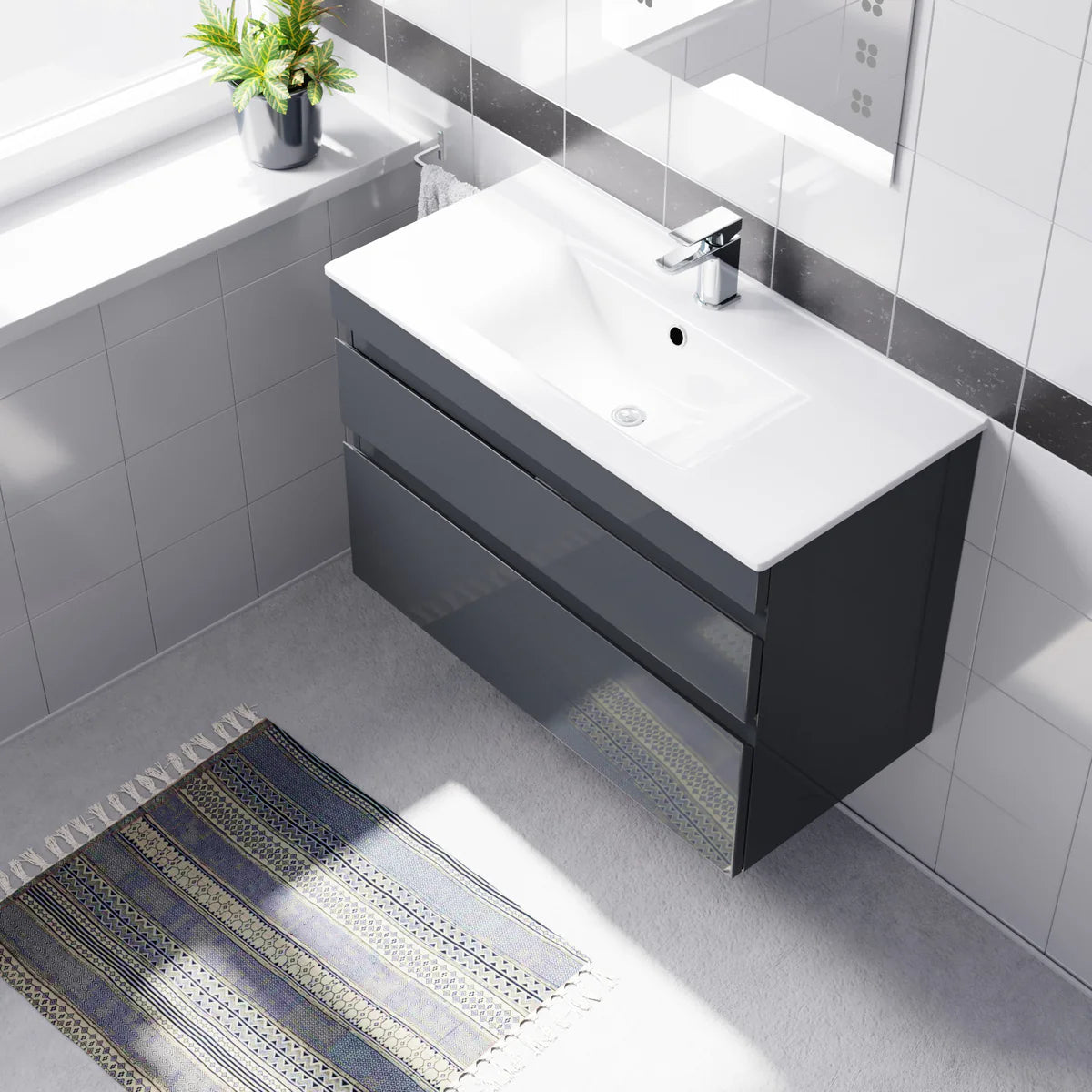 Alaska 800mm Dark Grey Wall Hung 2 Drawers Handleless Slim Basin Vanity Unit