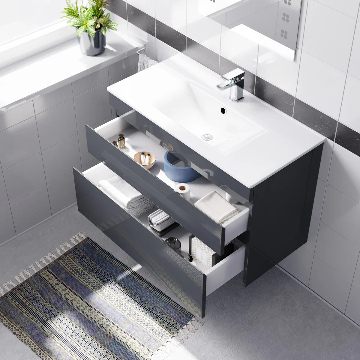 Alaska 800mm Dark Grey Wall Hung 2 Drawers Handleless Slim Basin Vanity Unit