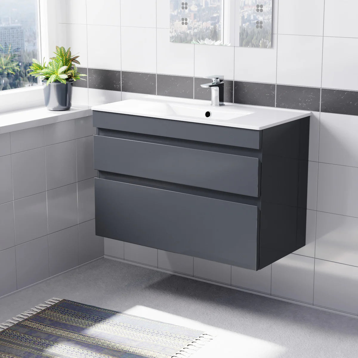Alaska 800mm Dark Grey Wall Hung 2 Drawers Handleless Slim Basin Vanity Unit