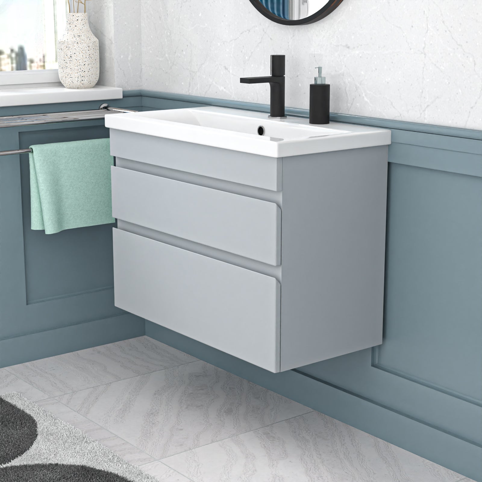 Alaska Wall Hung Matte Grey 800mm 2 Drawers Vanity Unit & Basin Sink