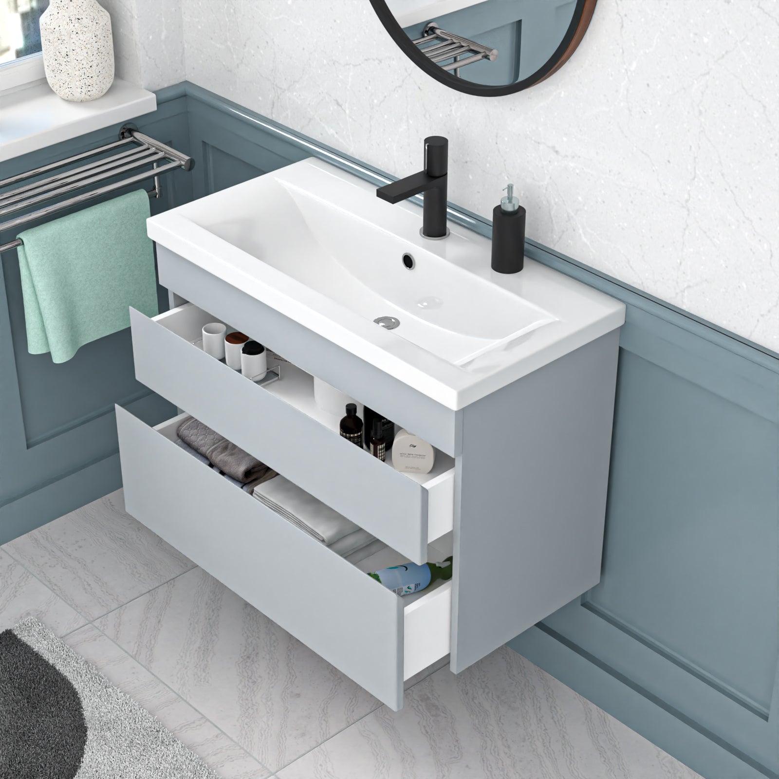Alaska Wall Hung Matte Grey 800mm 2 Drawers Vanity Unit & Basin Sink