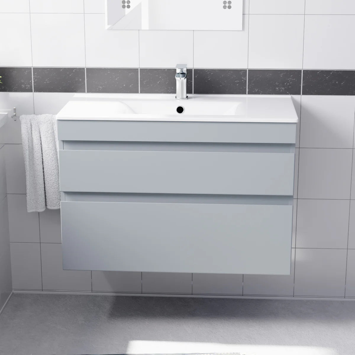 Alaska 800mm Matte Grey Wall Hung 2 Drawers Handleless Slim Basin Vanity Unit