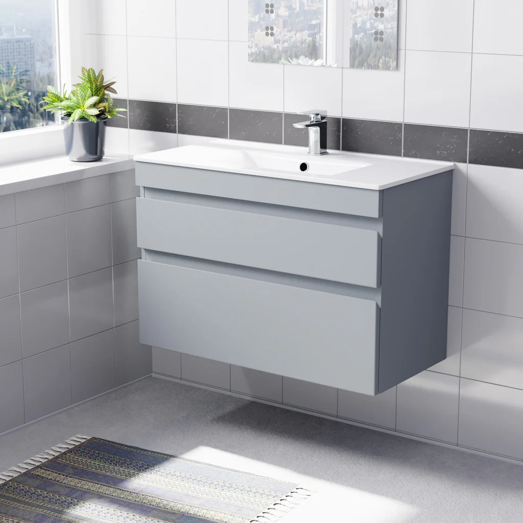 Alaska 800mm Matte Grey Wall Hung 2 Drawers Handleless Slim Basin Vanity Unit