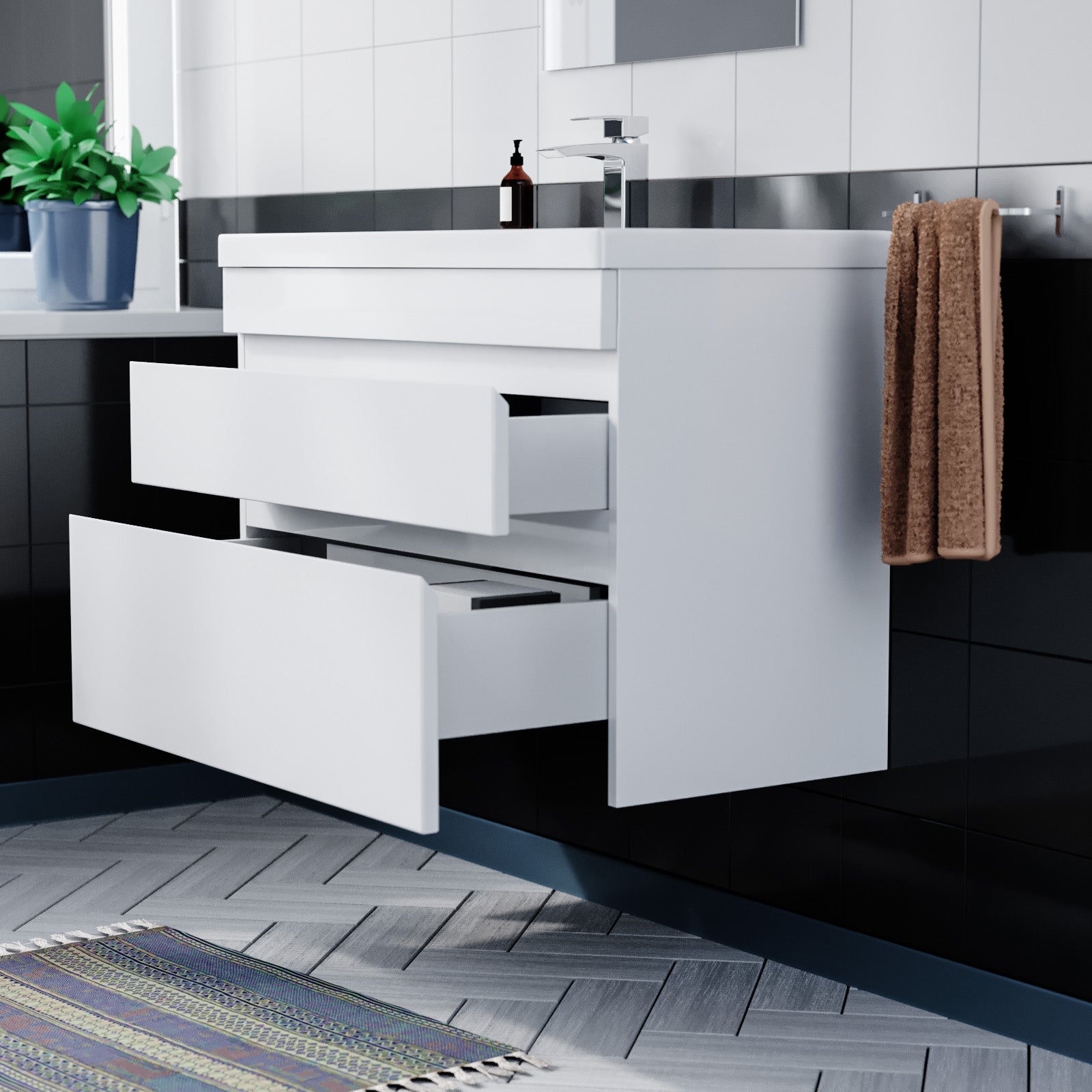 Alaska 800mm Wall Hung Gloss White Basin Vanity Sink 2 Drawers