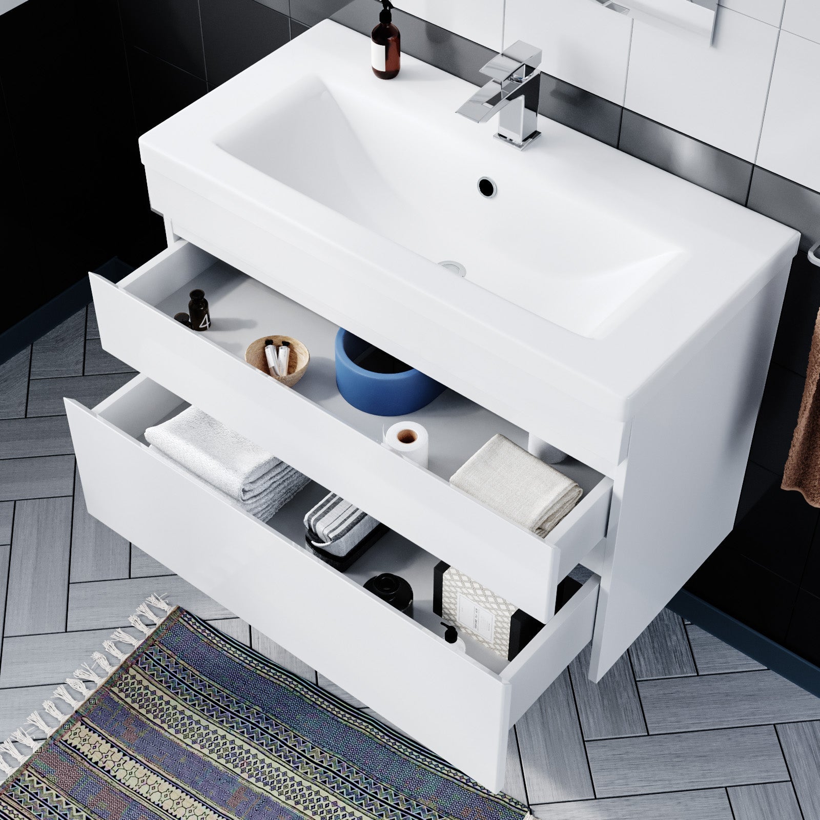 Alaska 800mm Wall Hung Gloss White Basin Vanity Sink 2 Drawers
