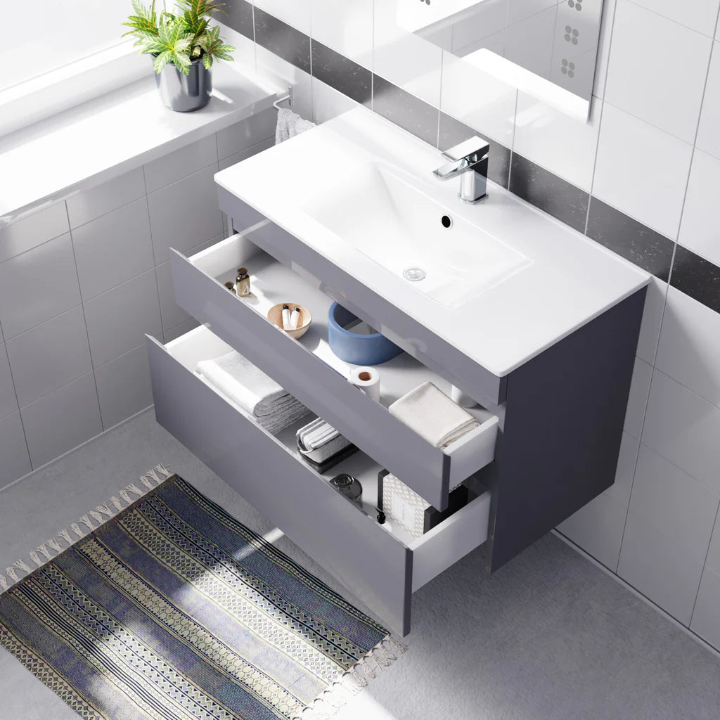 Alaska 800mm Grey Wall Hung 2 Drawers Handleless Slim Basin Vanity Unit