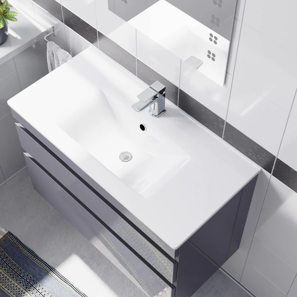 Alaska 800mm Grey Wall Hung 2 Drawers Handleless Slim Basin Vanity Unit