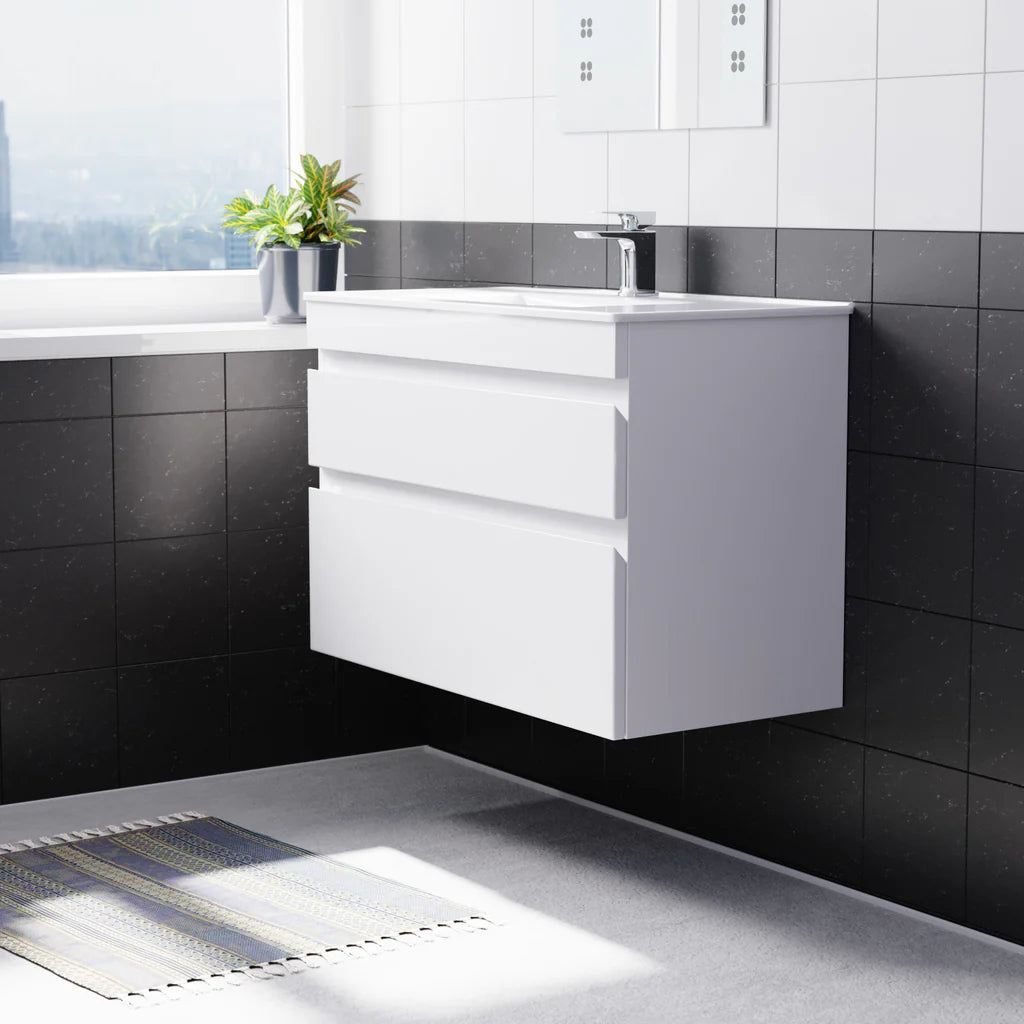 Alaska 800mm White Wall Hung 2 Drawers Handleless Slim Basin Vanity Unit
