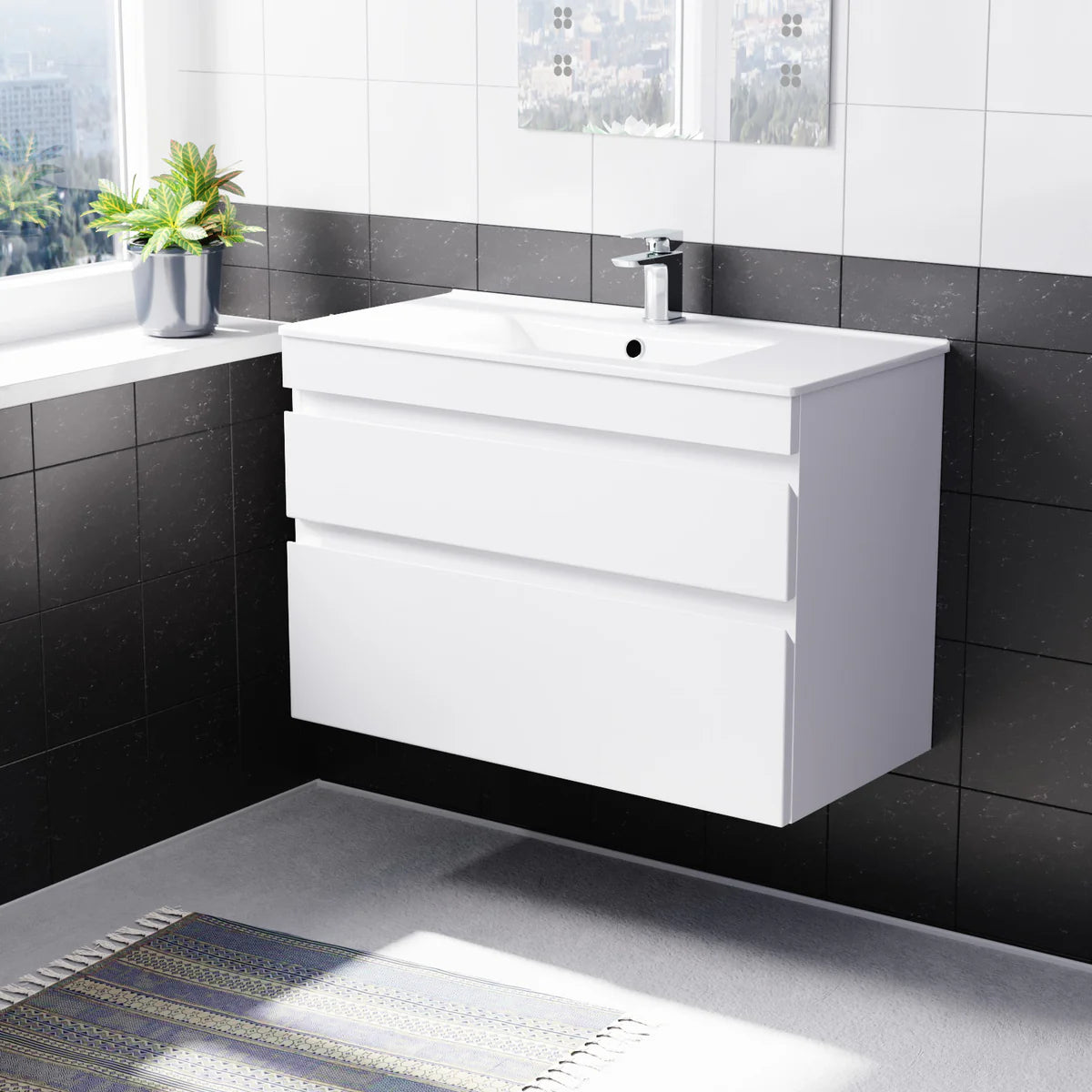 Alaska 800mm White Wall Hung 2 Drawers Handleless Slim Basin Vanity Unit