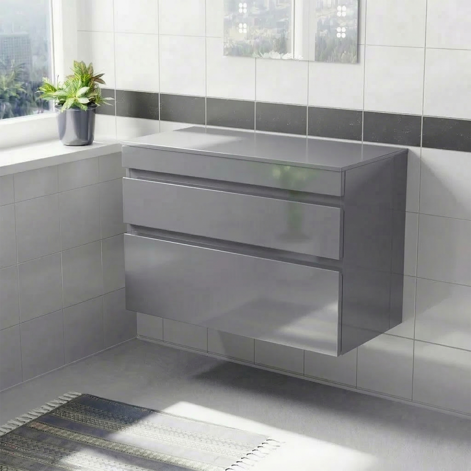 Alaska 800mm Steel Grey Wall Hung 2 Drawers Handleless Worktop Vanity Unit