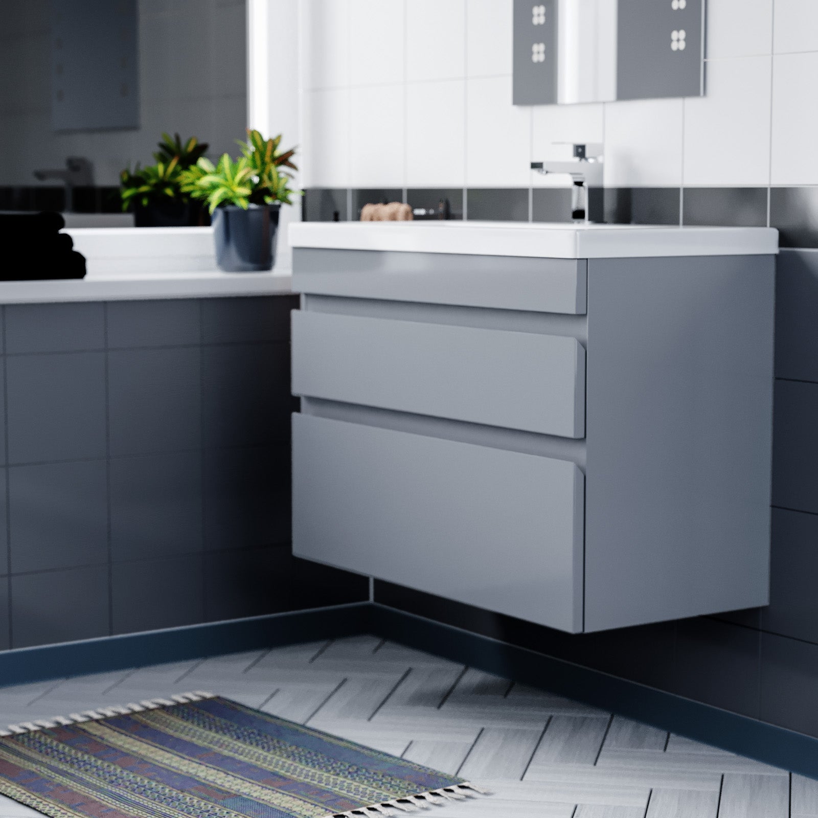 Alaska Minimalist 800mm Wall Hung Grey Basin Vanity Cabinet Unit 2 Drawers