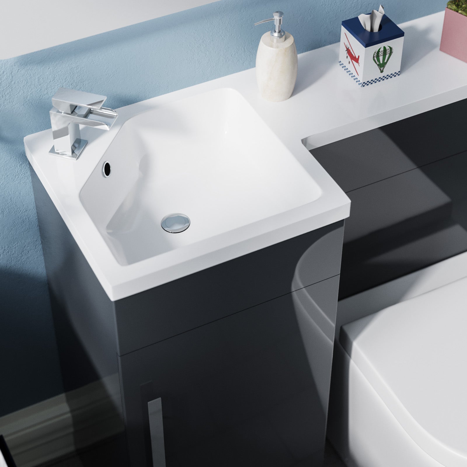 Alaska Flat Packed Compact 900mm Grey L-Shape Left Hand Vanity Unit, Rimless Toilet Set