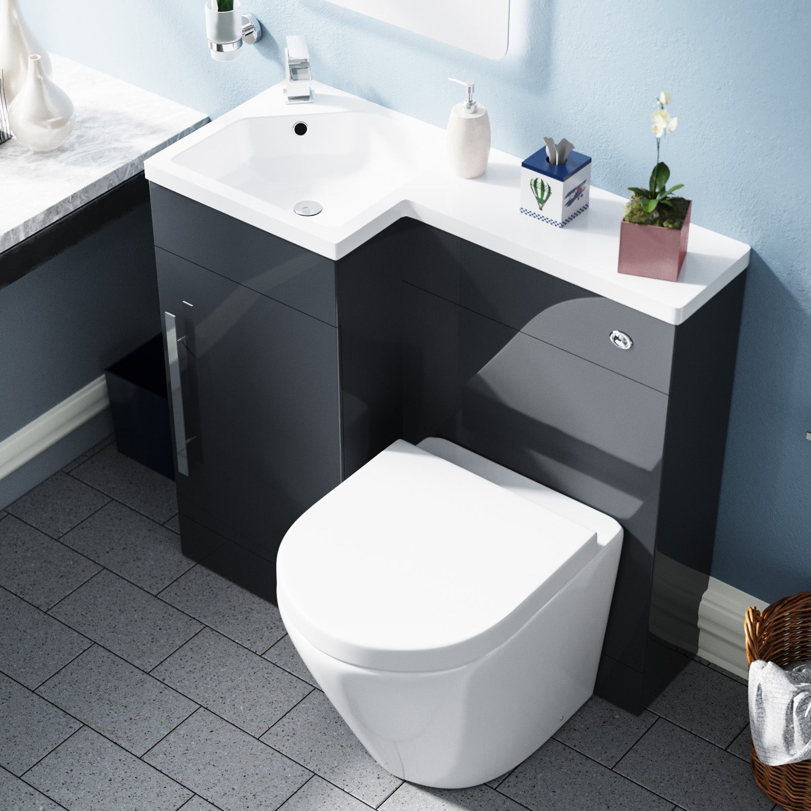 Alaska Flat Packed Compact 900mm Grey L-Shape Left Hand Vanity Unit, Rimless Toilet Set
