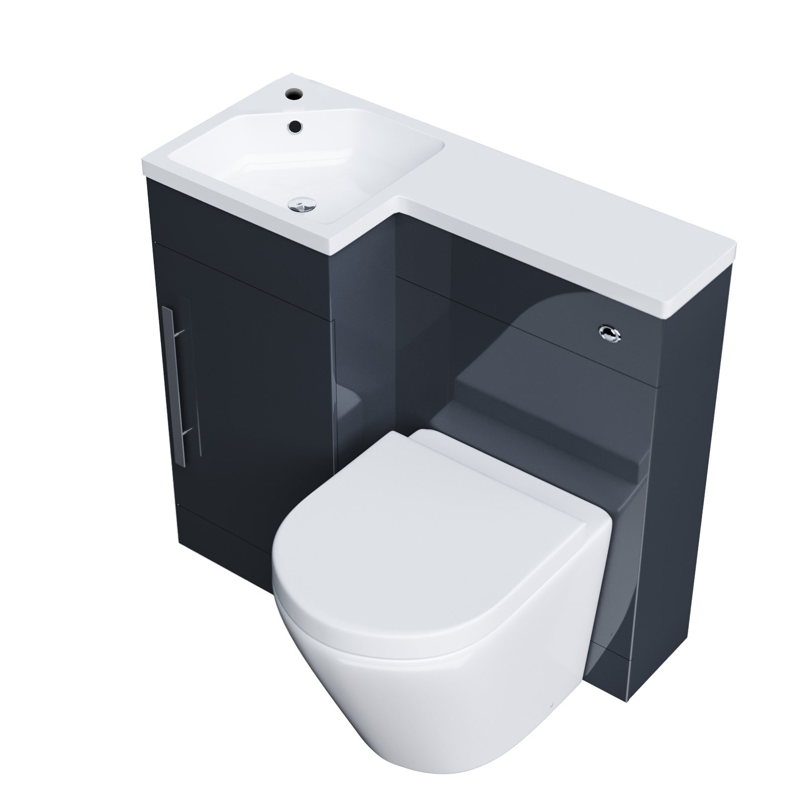 Alaska Flat Packed Compact 900mm Grey L-Shape Left Hand Vanity Unit, Rimless Toilet Set