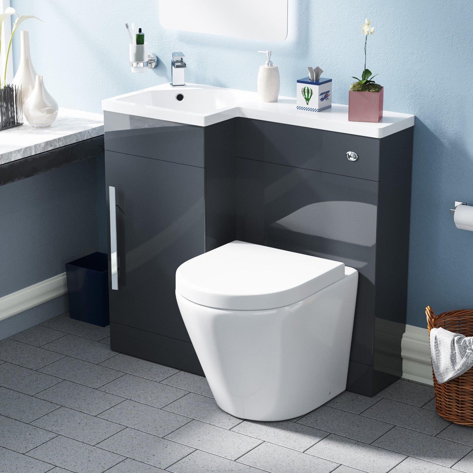 Alaska Flat Packed Compact 900mm Grey L-Shape Left Hand Vanity Unit, Rimless Toilet Set