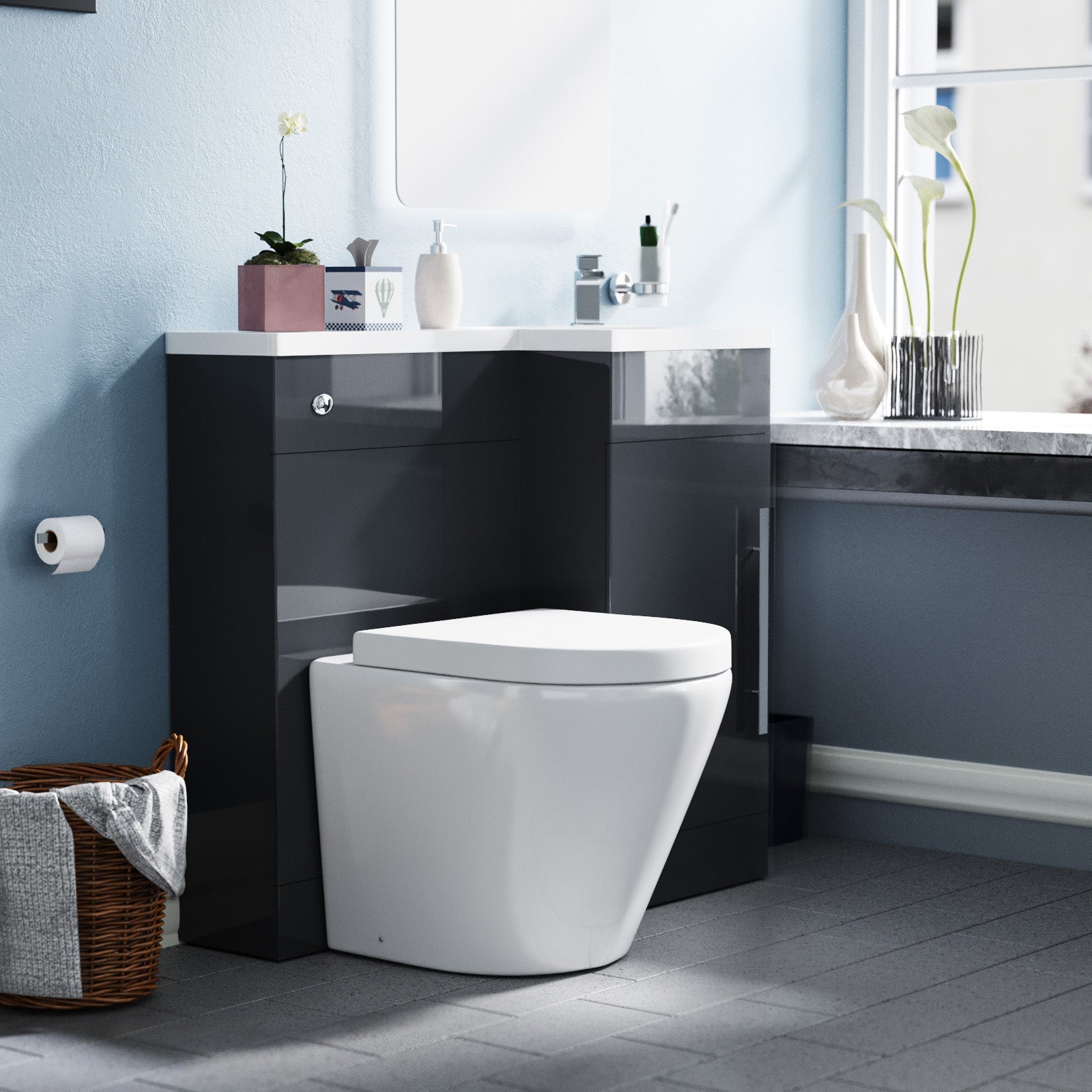 Alaska Flat Packed Compact 900mm Grey L-Shape Right Hand Vanity Unit, Rimless Toilet Set