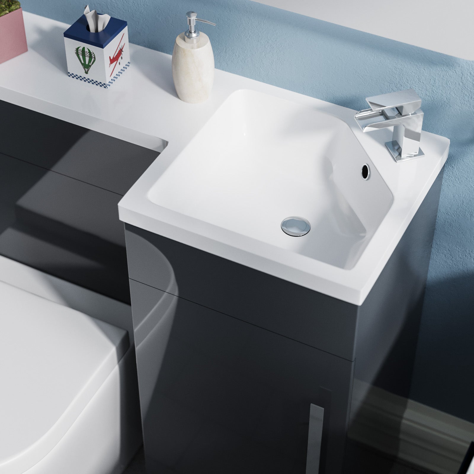 Alaska Flat Packed Compact 900mm Grey L-Shape Right Hand Vanity Unit, Rimless Toilet Set