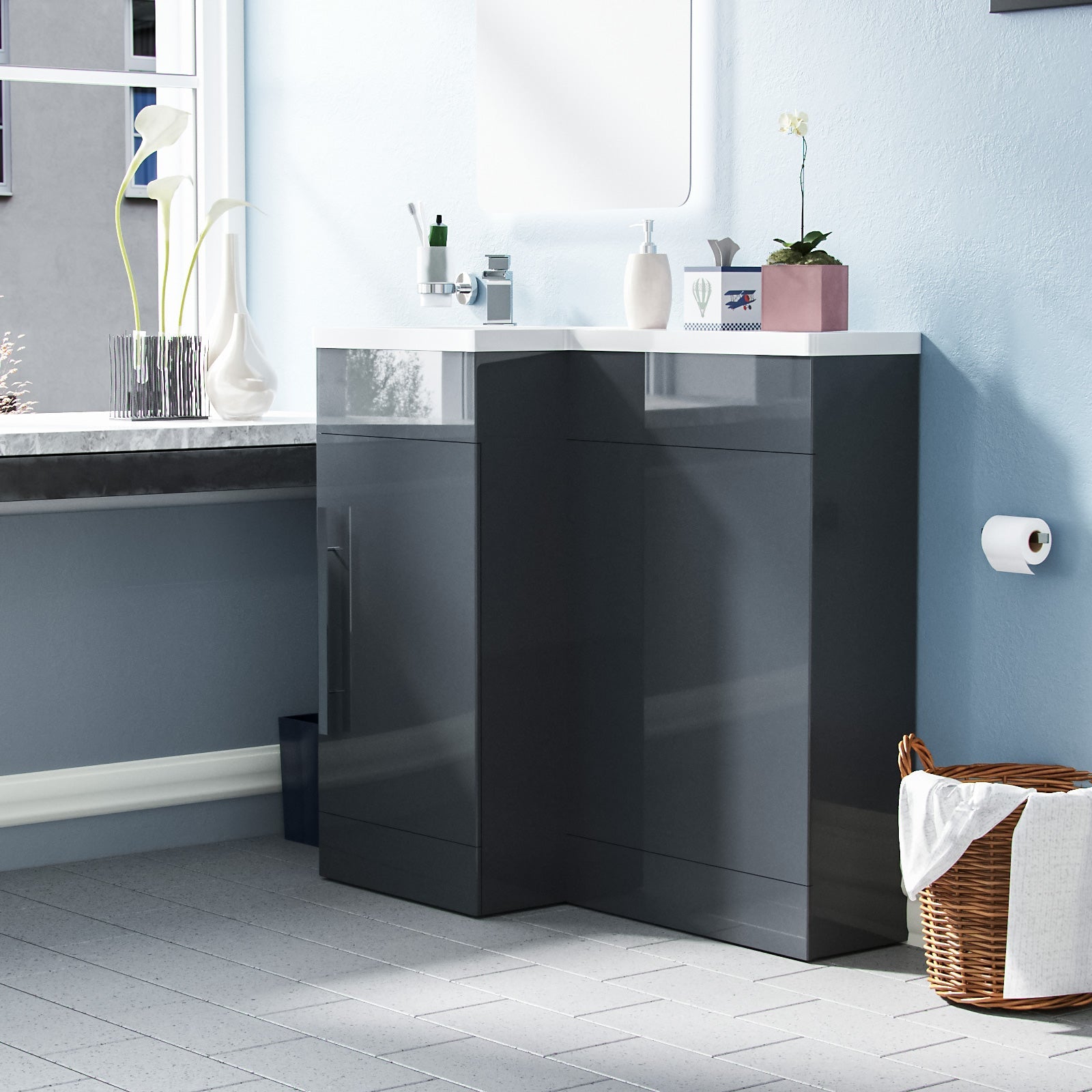 Alaska 900mm L Shape Bathroom Basin Vanity & WC Unit Grey