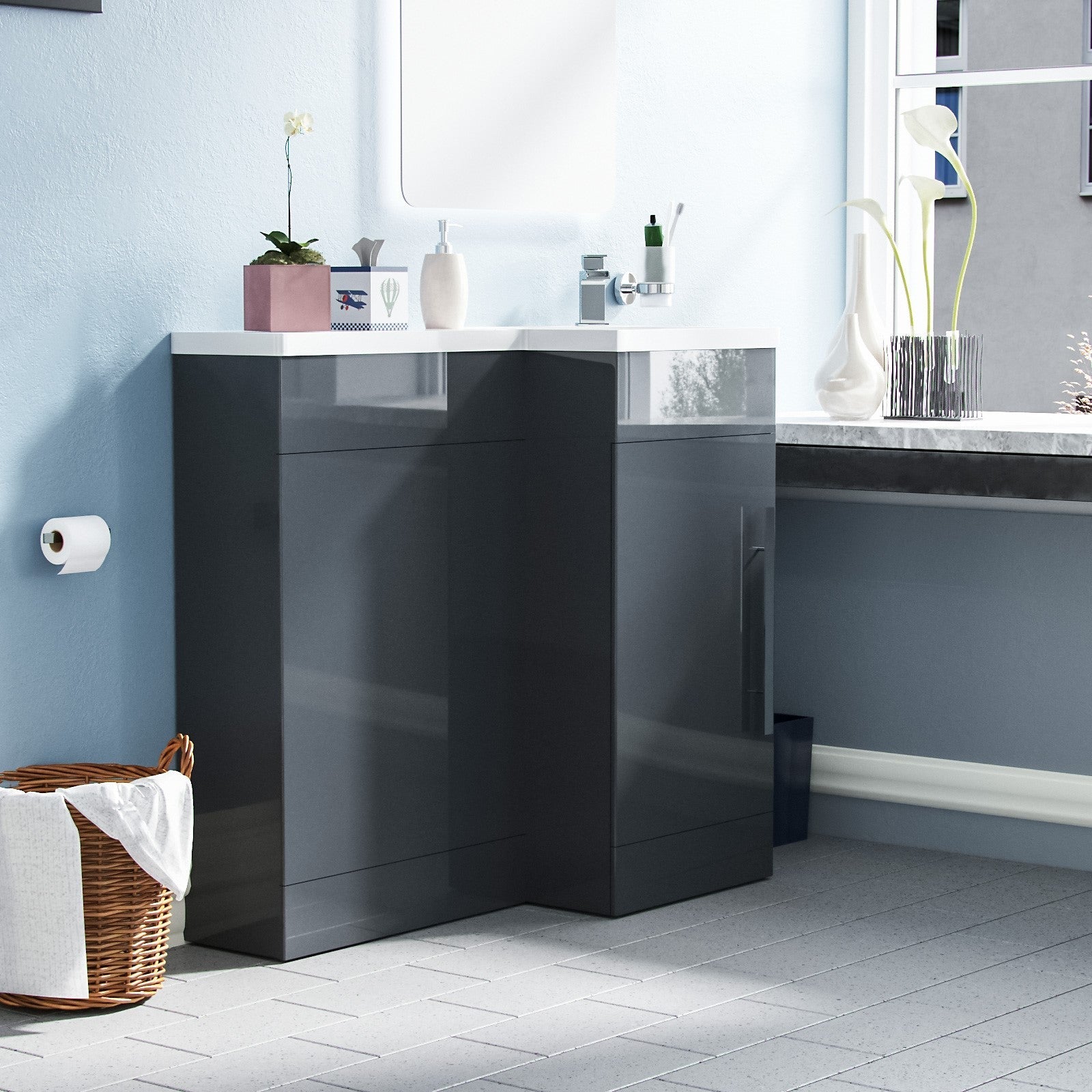 Alaska 900mm L Shape Bathroom Basin Vanity & WC Unit Grey