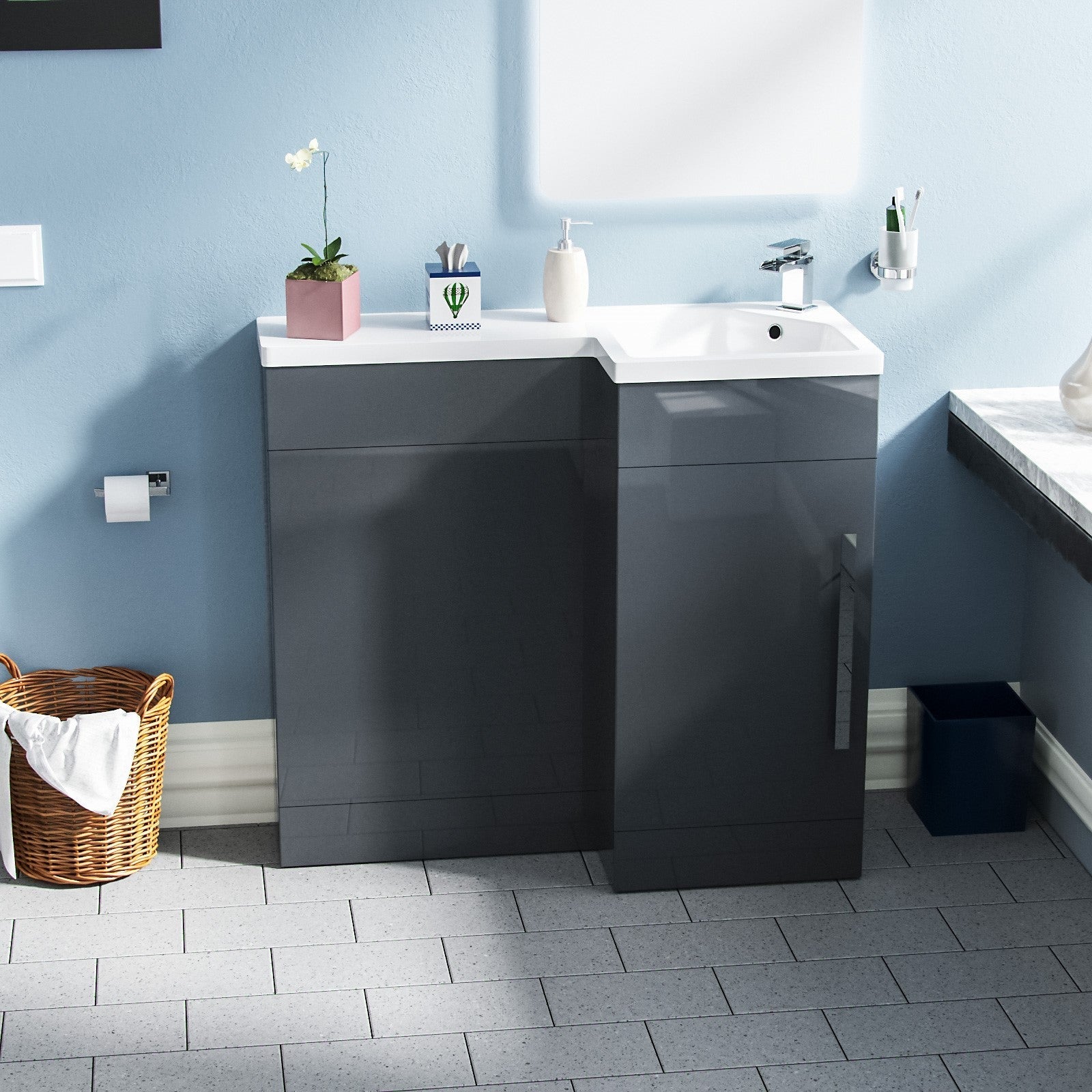 Alaska 900mm L Shape Bathroom Basin Vanity & WC Unit Grey