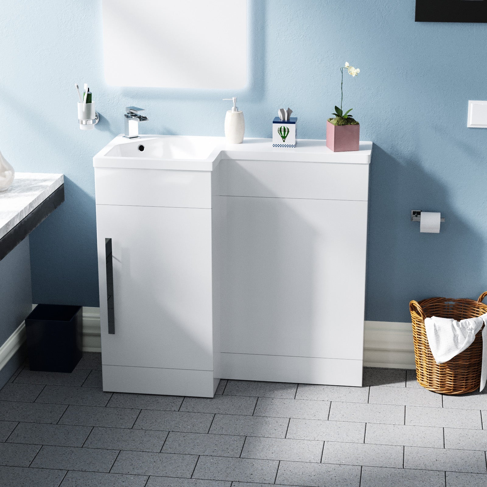 Alaska 900mm L Shape Bathroom Basin Vanity & WC Unit White