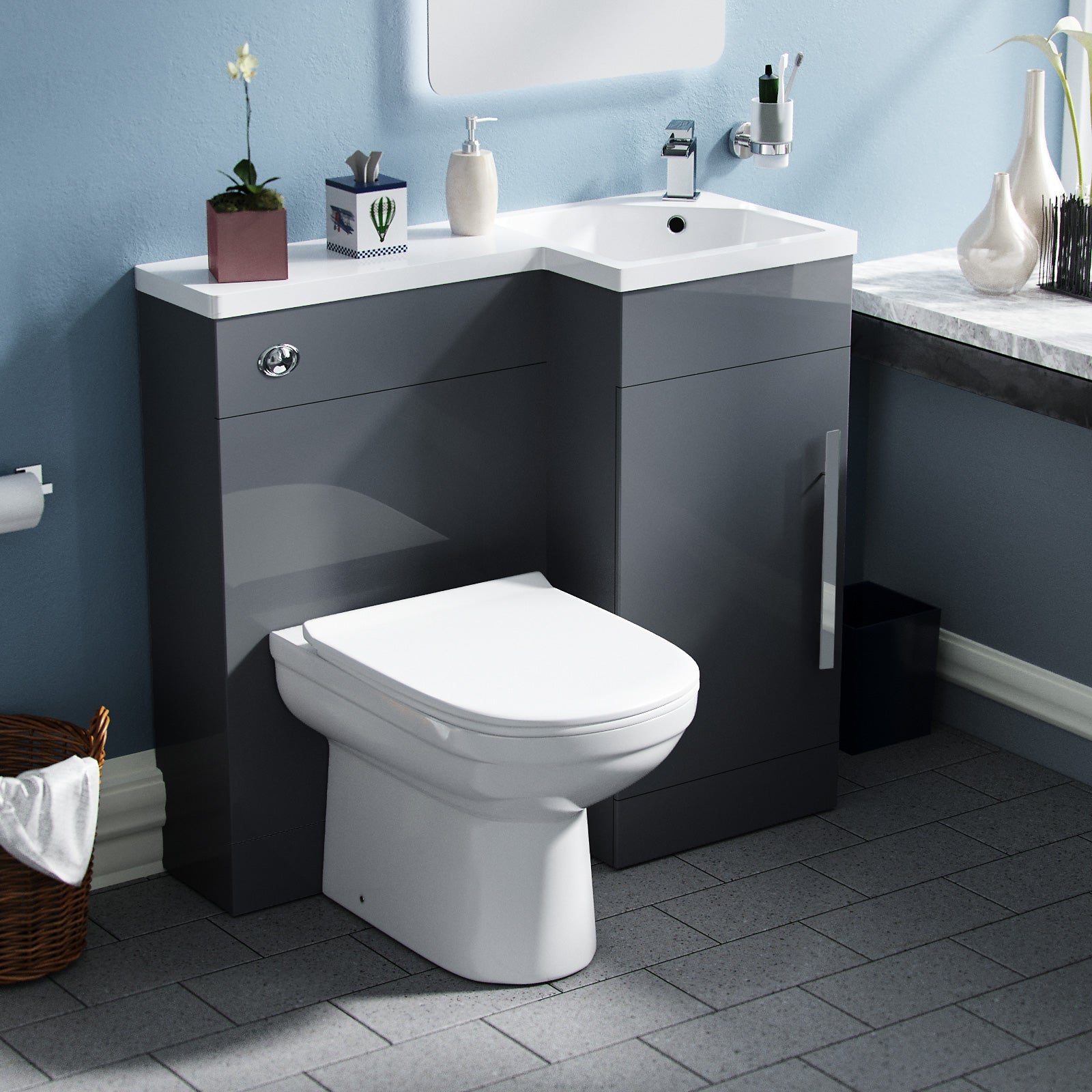Alaska Flat Packed Compact 900mm Grey L-Shape Right Hand Vanity Unit and Toilet Bathroom