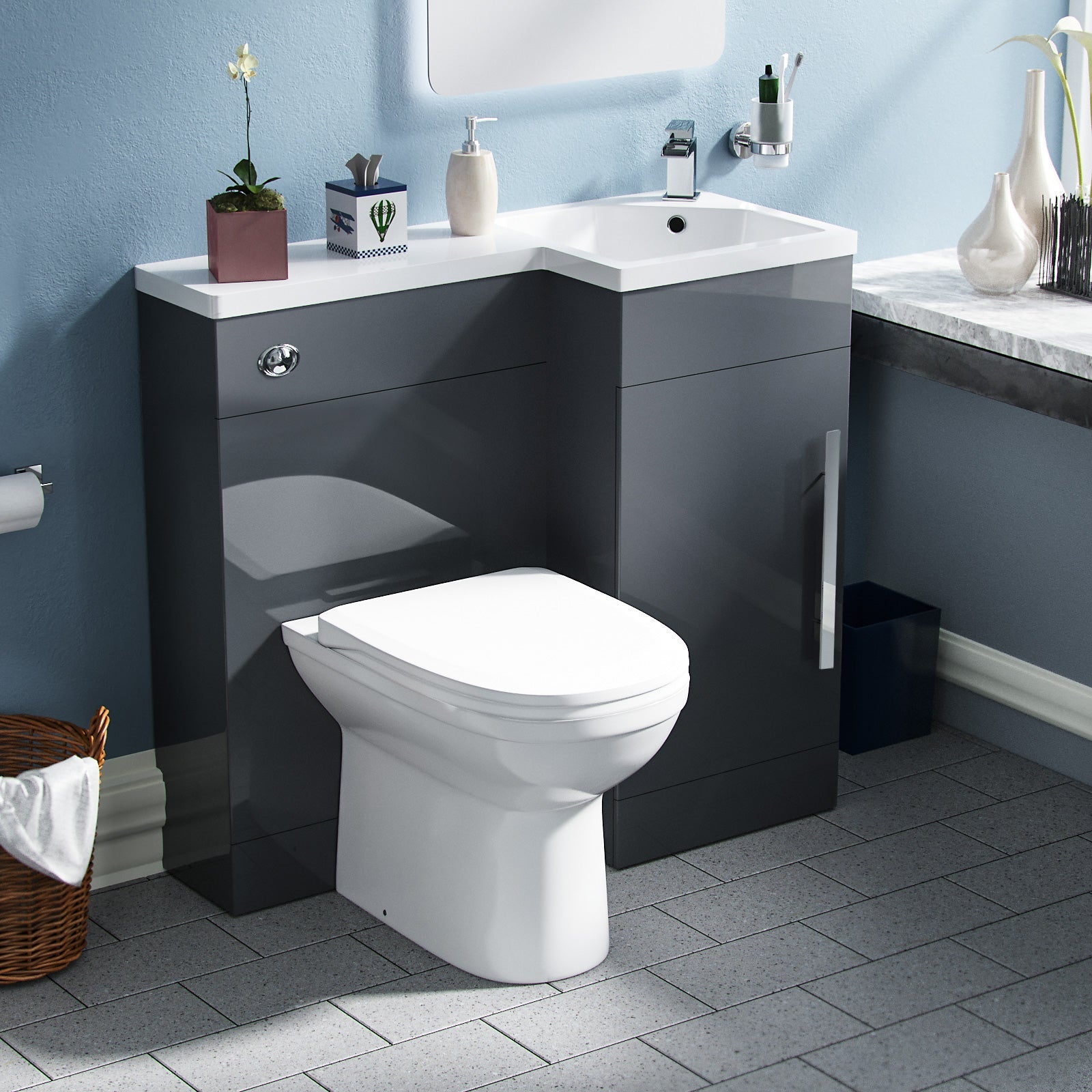 Alaska 900mm Vanity Basin Unit, WC Unit & Elso Back To Wall Toilet Grey