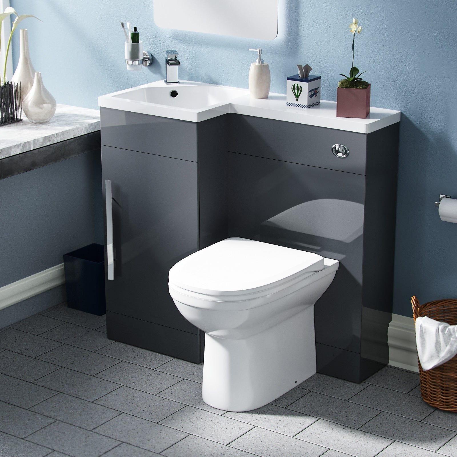 Alaska Flat Pack 900mm Vanity Basin Unit, WC Unit & Welbourne Back to Wall Toilet Grey