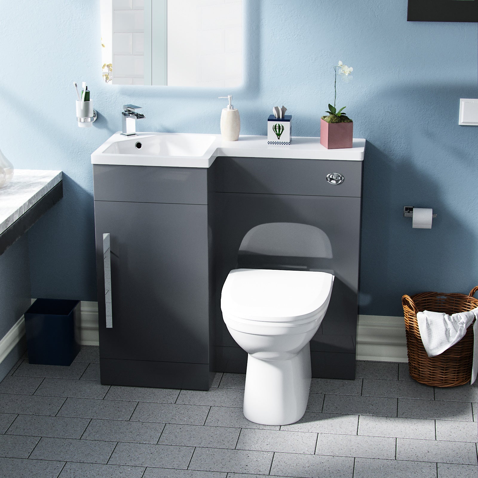 Alaska 900mm Vanity Basin Unit, WC Unit & Elso Back To Wall Toilet Grey