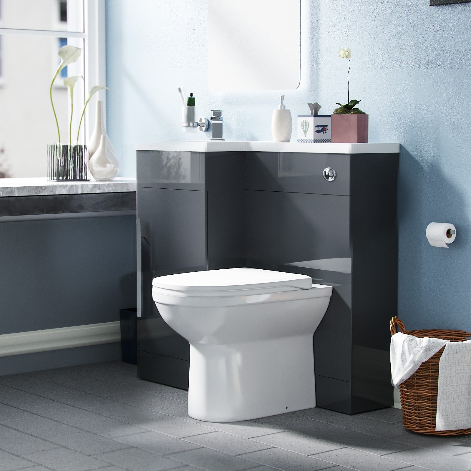 Alaska Flat Pack 900mm Vanity Basin Unit, WC Unit & Welbourne Back to Wall Toilet Grey