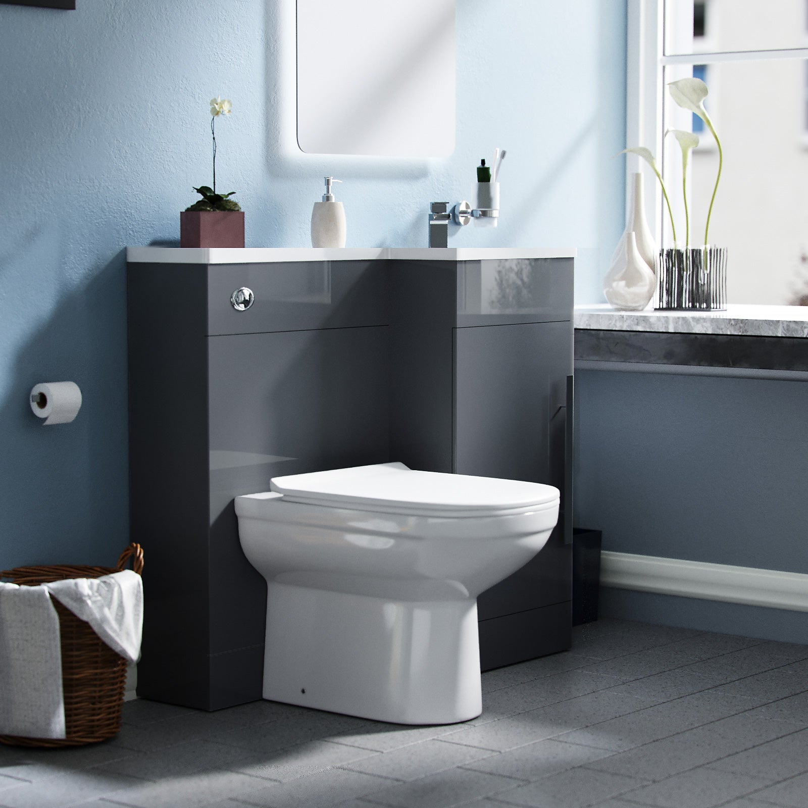 Alaska Flat Packed Compact 900mm Grey L-Shape Right Hand Vanity Unit and Toilet Bathroom