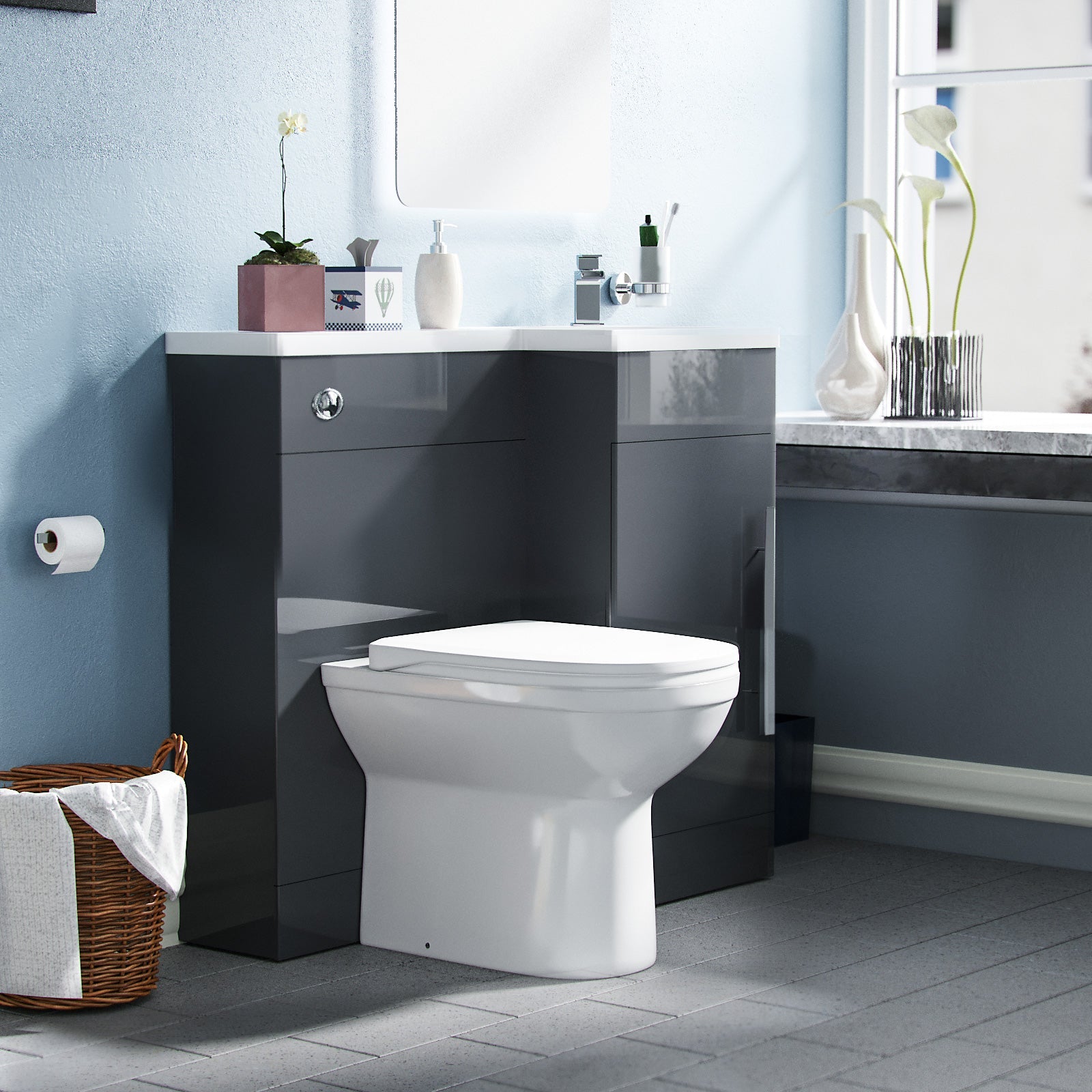 Alaska 900mm Vanity Basin Unit, WC Unit & Elso Back To Wall Toilet Grey