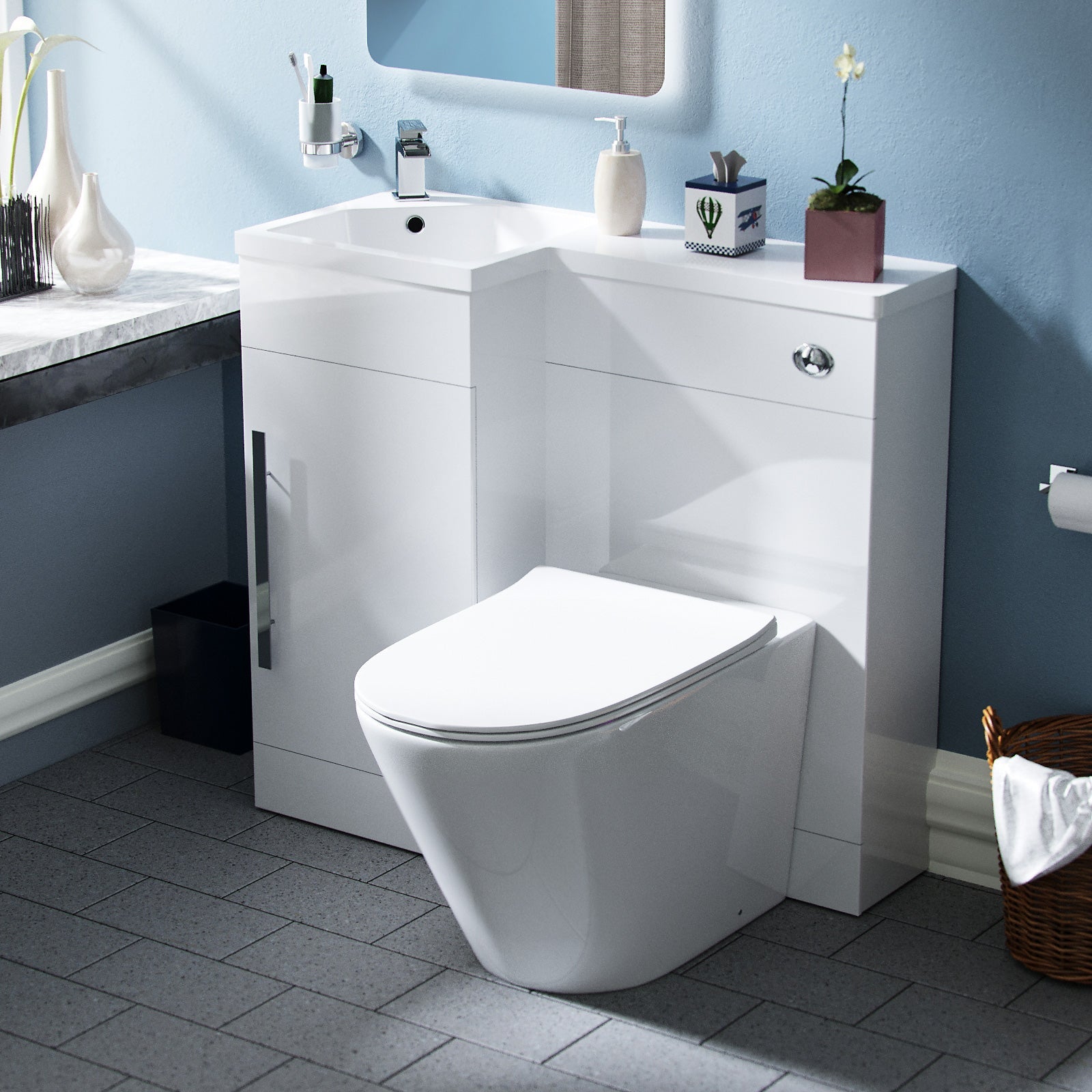 Alaska 900mm Flat Pack Vanity Basin Unit, WC Unit & Ellis UF Back To Wall Toilet White